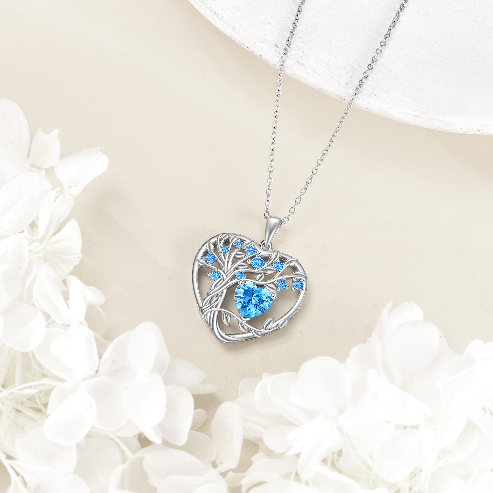 Women's Tree of Life Necklace with Light Blue Birthstone Pendant